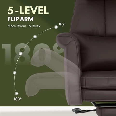 Oversized Chaise Lounge Chair With Wheels And Footrest, showing 5-level flip arm in brown air leather.