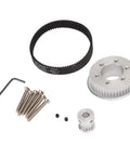 Electric Skateboard Synchronous Gear Kit Upgrade Built From Durable Aluminum Alloy For Dope Performance Reduces Slippage With Three To One Gear Ratio Easy DIY Hardware To Boost Acceleration And Board Longevity including belt, pulley, screws, and wrench.