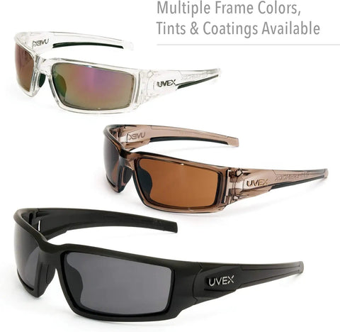 Rock Solid Safety Glasses Five Pack Brown Frame With Sct Reflect Fifty Lens And Antiscratch Coating For Construction Shop Gear Up With Kickin Glare Reduction And Hella Durable Protective Eyewear For Work And Outdoor Adventures in three variations: clear, brown, black frames.