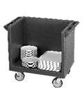 Heavy Duty Commercial Kitchen Tray And Dish Cart Made From Slick Rust Resistant Polyethylene Coffee Beige Color Smooth Roller Frame Built Like A Tank For Quick Restaurant Food Service Transport And Easy Wipe Down Cleaning with stacked dishes.