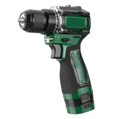 Heavy Duty Cordless Brushless Electric Drill With Metal Ratchet Chuck And 16V Wireless Power Tool angled view showcasing ergonomic grip and drill head.