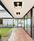 Industrial Metal Flush Mount Ceiling Light Fixture 13 Inch Square Two Light Open Cage No Glass Design Matte Black outdoor
