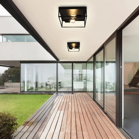 Industrial Metal Flush Mount Ceiling Light Fixture 13 Inch Square Two Light Open Cage No Glass Design Matte Black outdoor