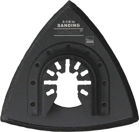 Triangle Sanding Pads For Oscillating Multitool With Universal Quick Release Pro Diy Friendly Three Pack Of Three And One Eighth Inch Sander Pads For Hook And Loop Sandpaper Fits Most Quick Release Tools, showing the front black side with labeled measurements