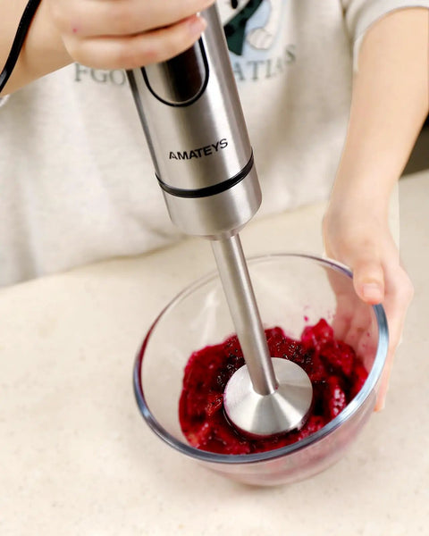 Powerful Handheld Immersion Blender 700W With Infinite Variable Speeds All In One Stainless Steel Stick Mixer in use blending berries