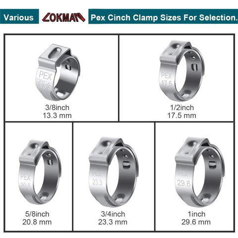 Various sizes of PEX cinch clamps, including 3/8 inch to 1 inch, with a focus on the 50 Pack 1 Inch PEX Cinch Clamps 304 Stainless Steel.