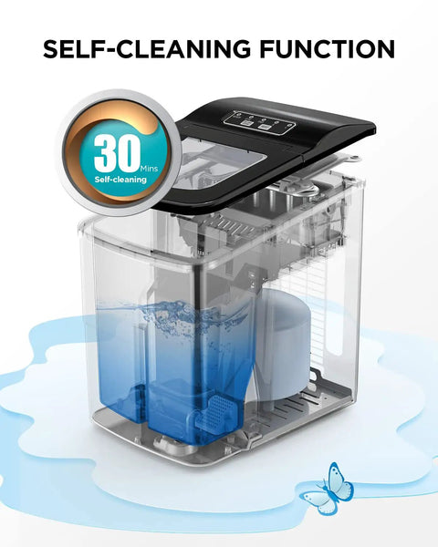 Scooper Free Nugget Ice Maker On Your Countertop Drops Soft Chewy Ice Straight Into Your Glass In Under Ten Minutes Plus Cleaning Tabs, showing self-cleaning function in action.