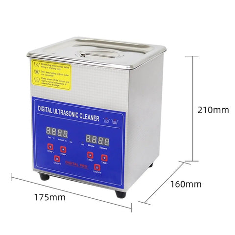 Heavy Duty 2L Ultrasonic Cleaner For Vinyl Records, Jewelry Watch And Glasses Cleaning, stainless steel, digital display, dimensions shown.