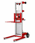 Premium 400 Pound Capacity Manual Material Lift Winch Stacker with red frame, showing 122-inch height and adjustable legs.