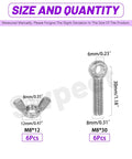 12Pcs M8 X 30mm 304 Stainless Steel Eye Bolts And Wing Nuts Kit size chart with dimensions for bolts and nuts
