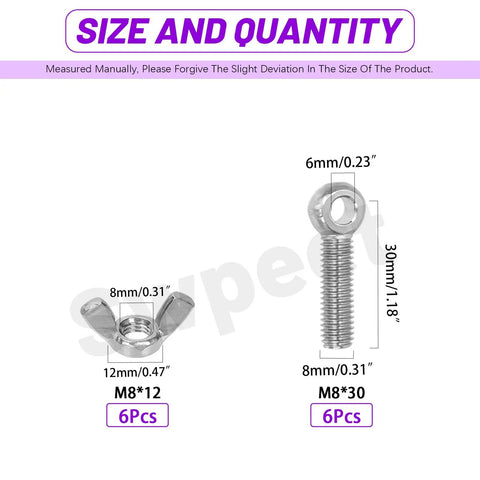 12Pcs M8 X 30mm 304 Stainless Steel Eye Bolts And Wing Nuts Kit size chart with dimensions for bolts and nuts