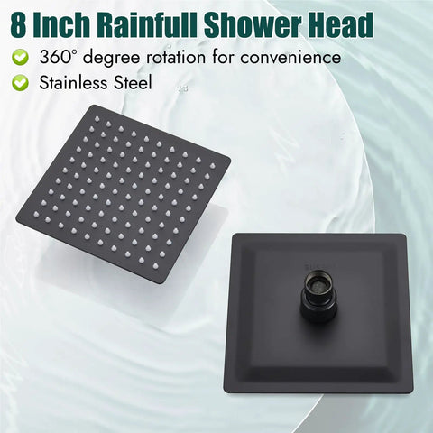Matte Black 8 Inch Square Rainfall Shower Head Kit With Wall Mount Single Handle Valve And Trim A Dope Shower System For Your Bathroom Upgrade With Easy Install, showing front and back view of the shower head in stainless steel.