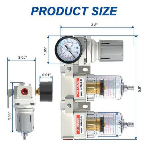 1/4 Inch NPT Air Dryer With Water Separator And Dual Filter Regulator For Compressors, showing dimensions and design