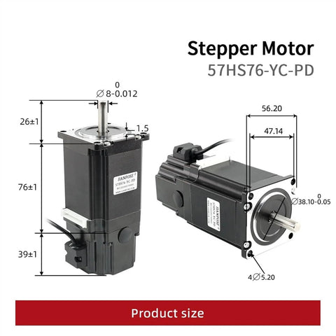 Two Hanpose NEMA23 stepper motors with 189 N·cm torque, 76 mm length, brake for engraving machines front/side views