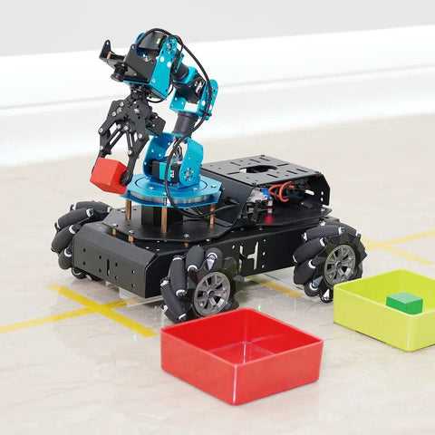 4WD Mecanum robotics chassis with blue brackets, encoder motors, and mounted robotic arm (front view).