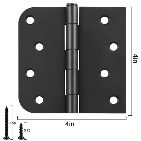 Matte Black 4 Inch Square Door Hinges With Rounded Corners Heavy Duty Interior And Exterior Cabinet Hardware close-up view with screws.