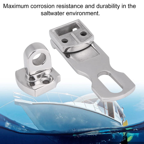 Front view of a two-piece marine-grade stainless hatch fastener clamp set, 75mm anti-rattle lock for boat cabinets.