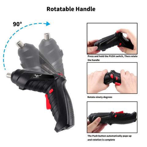 8 In 1 Electric Screwdriver And Cordless Drill With Adjustable Grip and Forward Reverse Toggle For No Sweat Tightening and Rapid Repair Sessions 3.6V Weekend Warrior Tool Set, showing rotatable handle.
