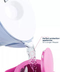 No Fuss 2.7 Liter Water Filter Jug With Magnesium Mineralizer Cartridge pouring purified water into a pink container.