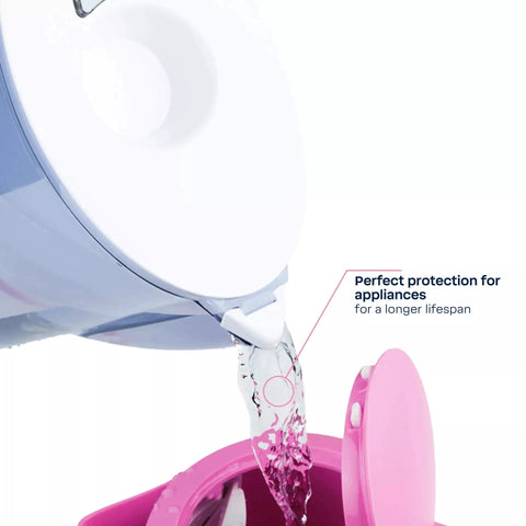 No Fuss 2.7 Liter Water Filter Jug With Magnesium Mineralizer Cartridge pouring purified water into a pink container.
