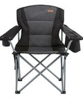 Front view of oversized camping folding chair with quad lumbar back support, padded comfort, side pockets, cup holder, and cooler bag.