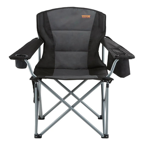 Front view of oversized camping folding chair with quad lumbar back support, padded comfort, side pockets, cup holder, and cooler bag.
