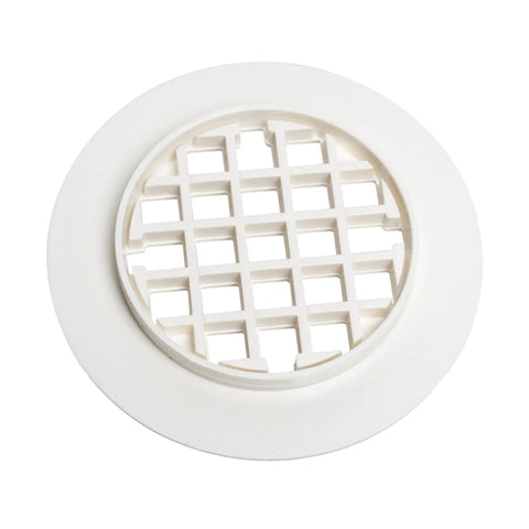Rock Solid Universal Shower Drain Strainer In Durable White Plastic Snap Tite Cover with grid design for 2 or 3 inch drains.