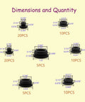 Diagram showing dimensions and quantity of 80 Pieces Silicone Hole Plugs Kit With 7 Sizes From One Quarter Inch To One Inch Round Plugs.