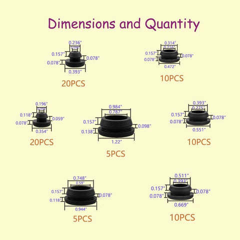 Diagram showing dimensions and quantity of 80 Pieces Silicone Hole Plugs Kit With 7 Sizes From One Quarter Inch To One Inch Round Plugs.