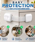 Baby Proofing And Kid Proofing Essentials Outlet Covers Cabinet Locks Drawer Safety Latches Door Stoppers And Strap Locks White 6 Pack To Keep Curious Toddlers Safe In Cabinets Drawers Kitchen Fridge And More shown securing a cabinet