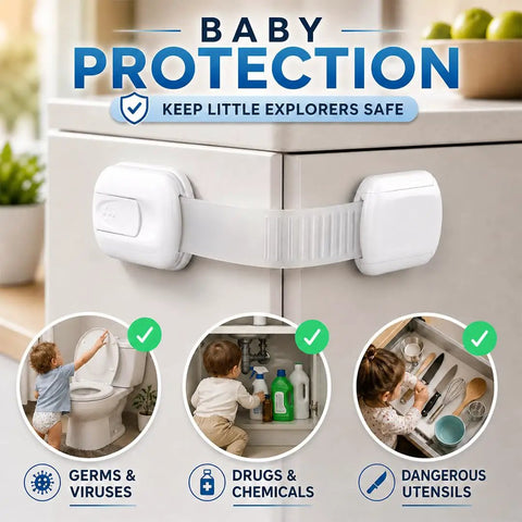 Baby Proofing And Kid Proofing Essentials Outlet Covers Cabinet Locks Drawer Safety Latches Door Stoppers And Strap Locks White 6 Pack To Keep Curious Toddlers Safe In Cabinets Drawers Kitchen Fridge And More shown securing a cabinet