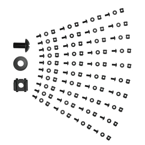 Heavy Duty Rack Mount Screws Kit With Cage Nuts And Washers 50 Pack 12-24 Thread Carbon Steel hardware layout with washers and cage nuts.