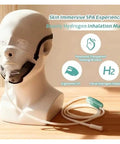 Mannequin wearing Inhalation Face Mask For Hydrogen Therapy, Reusable Toxins-Free Facial Diffusion Shield with tube on wooden surface.
