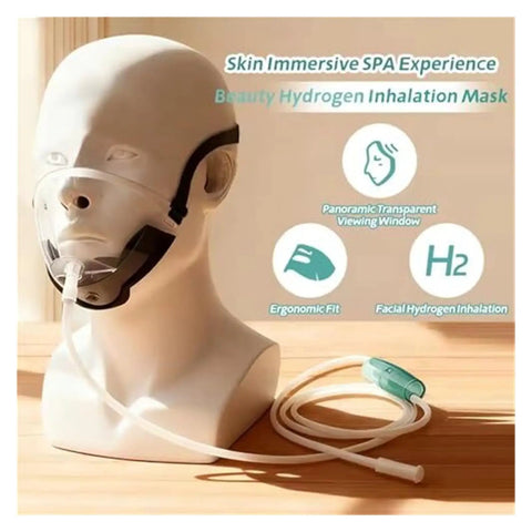 Mannequin wearing Inhalation Face Mask For Hydrogen Therapy, Reusable Toxins-Free Facial Diffusion Shield with tube on wooden surface.