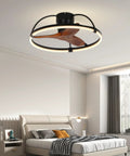 Nepal Solid Wood Flush-Mount Ceiling Fan with Light and Remote Control in modern bedroom setting with soft lighting.