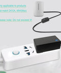 24V 2A LED Strip Power Supply With On Off Switch For Easy Control, 100-240V AC To Direct Current Converter, 5.5mm X 2.5mm Plug And Play Ready, 6.2ft Cable, Safe Durable Build, Ideal For Home Theater Accent Lighting And DIY LED Projects. black power adapter with switch and cord connected to white plug strip