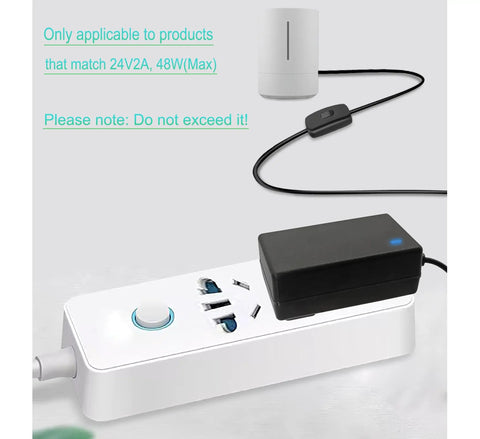 24V 2A LED Strip Power Supply With On Off Switch For Easy Control, 100-240V AC To Direct Current Converter, 5.5mm X 2.5mm Plug And Play Ready, 6.2ft Cable, Safe Durable Build, Ideal For Home Theater Accent Lighting And DIY LED Projects. black power adapter with switch and cord connected to white plug strip
