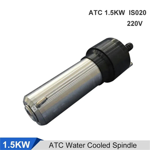 Drop In Ready 1.5KW Water Cooled ATC Spindle For 220V CNC Mills featuring ISO20 Auto Tool Change with a silver metallic finish.