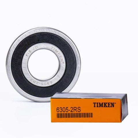 Two Pack 6305-2RS Deep Groove Ball Bearings 25x62x17mm with Double Rubber Seals displayed next to packaging
