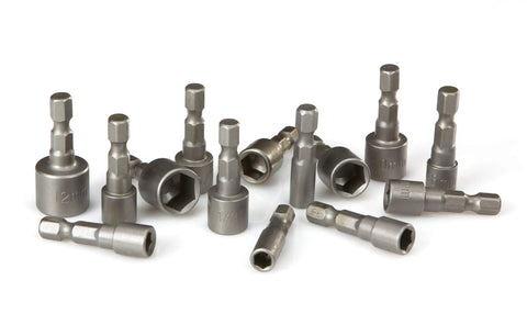 Quick Change Power Nut Driver Bit Set, 14-Piece Inch And Metric Hex Shank Bits, Forged Chrome Vanadium Steel on white background