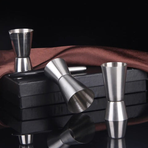 Two Piece Stainless Steel Double Head Measuring Cup 1 Oz 2 Oz Jigger For Cocktails Barware Japanese Style Silver Bar Grade Drink Measuring Tool For Home Bar Pros And Restaurants And Home Kitchens Dishwasher Safe, shown with three angles