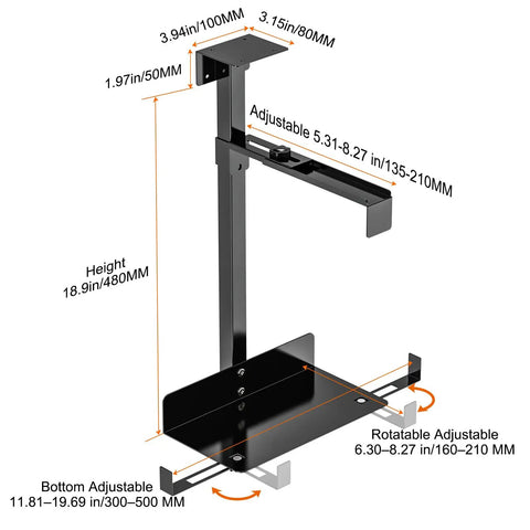 Dead Easy Under Desk PC Holder And Wall Mount Computer Tower Stand With 77 Lb Capacity adjustable height and detailed dimensions.