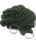 Go To Outdoor Mesh Hammock With Nylon Rope, Single Size For Camping And Backyard Chill, coiled green rope with metal rings design