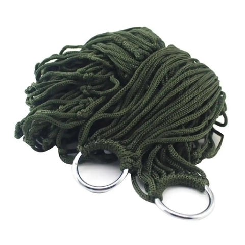 Go To Outdoor Mesh Hammock With Nylon Rope, Single Size For Camping And Backyard Chill, coiled green rope with metal rings design