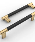 Set of matte black and gold knurled cabinet pulls, 4-inch hole center, for drawer or wardrobe. ZH0038 hardware.