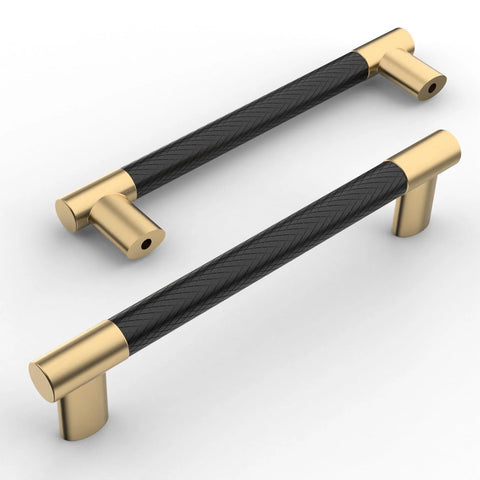 Set of matte black and gold knurled cabinet pulls, 4-inch hole center, for drawer or wardrobe. ZH0038 hardware.
