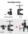 Beefy Clamp Mount With Mini Ball Head showing cold shoe adapter and clamp use for LCD monitors, LED lights, microphones, GoPro.