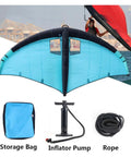 Inflatable Wing Foil for Water Sports with accessories including inflator pump, storage bag, and rope.