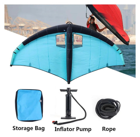 Inflatable Wing Foil for Water Sports with accessories including inflator pump, storage bag, and rope.