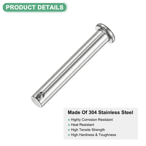 Close-up of Ten Pack Stainless Steel M8 60mm Flat Head Clevis Pins 304 Grade with corrosion-resistant feature list